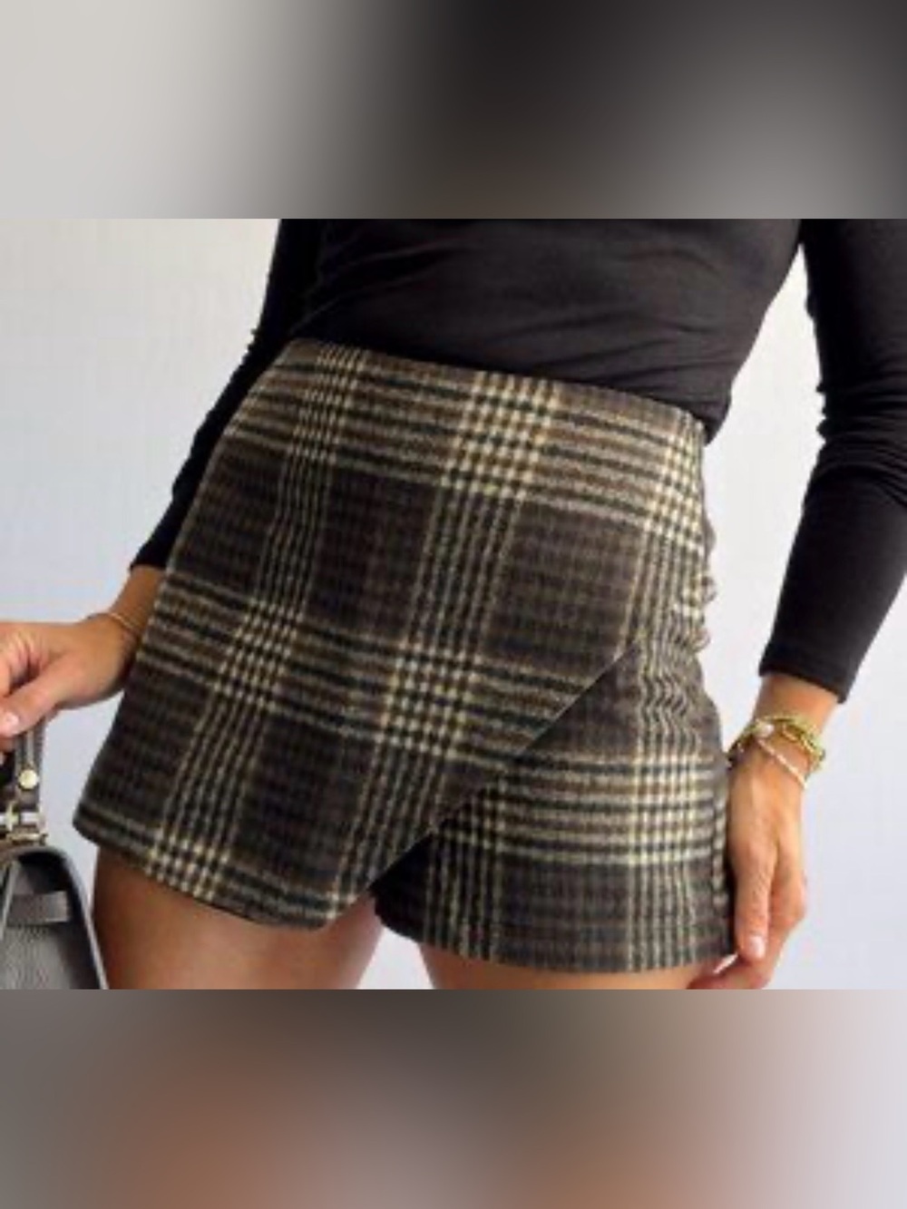 Miou Muse Plaid Wrap Skort Gray Ivory Glen Plaid Faux Wrap Mini Skirt Shorts S